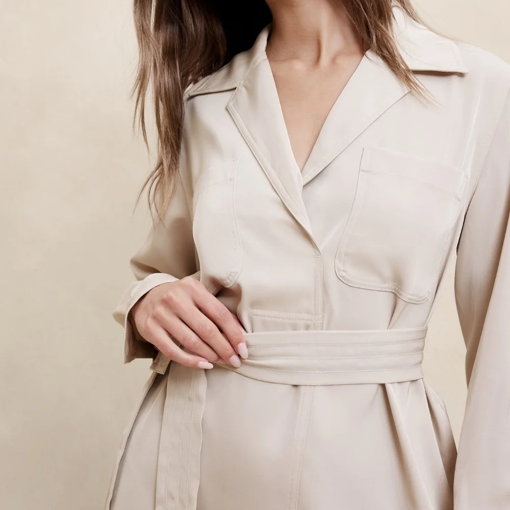 Banana Republic Women's Long Sleeve Satin Twill Mini Shift Dress in Oyster Pearl